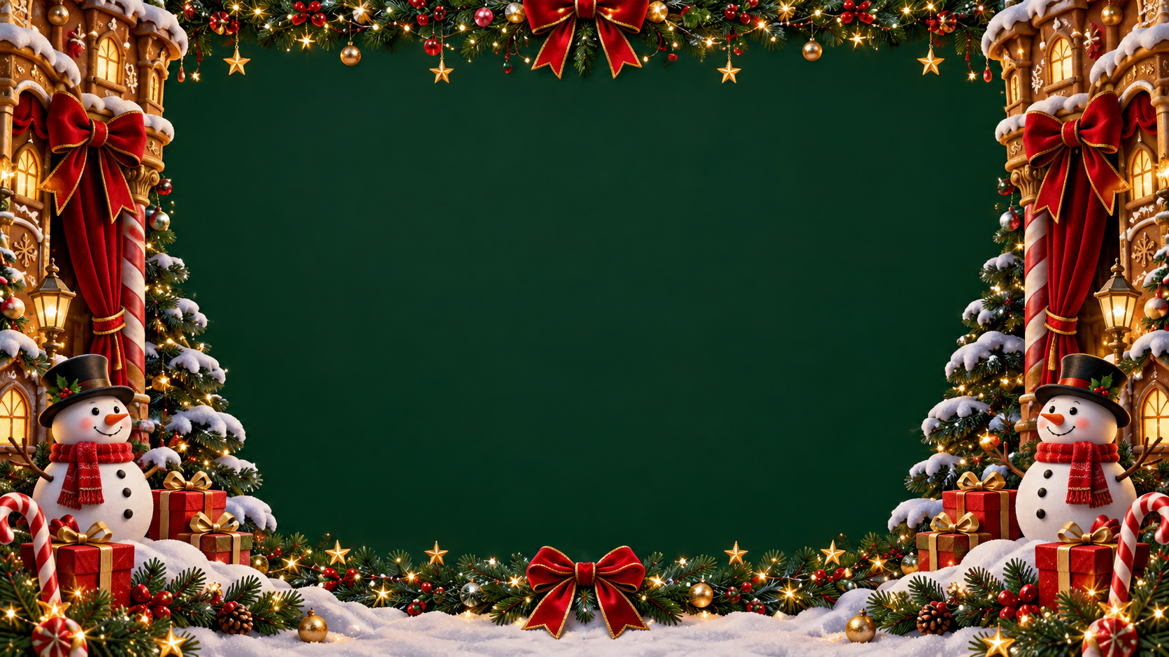 Original Christmas surround with garlands, snowmen and red bows